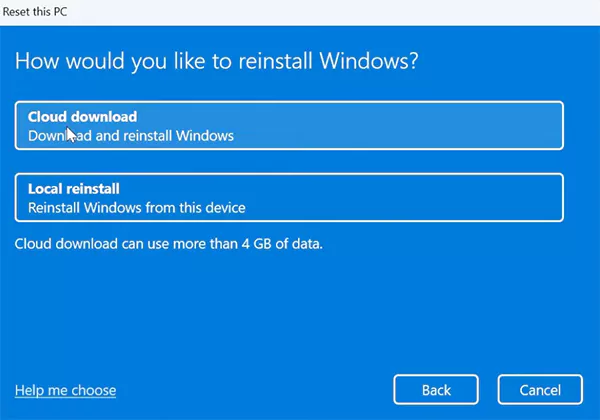 Choose the option to reinstall Windows after the reset