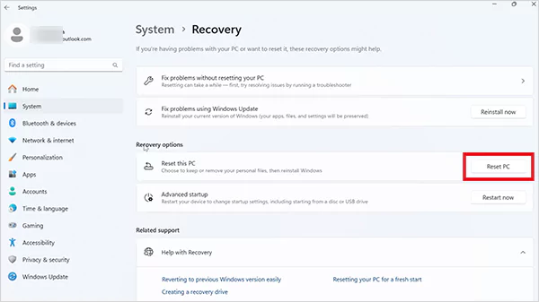 Click on the Reset PC option