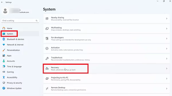 Go to Settings System Recovery