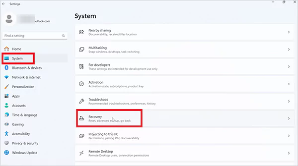 Go to Settings System Recovery