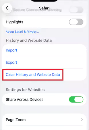 Select Clear History and Website Data