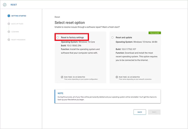 Select Reset to factory settings