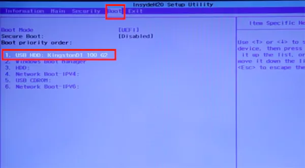Set your USB as the first boot device using the F6 key