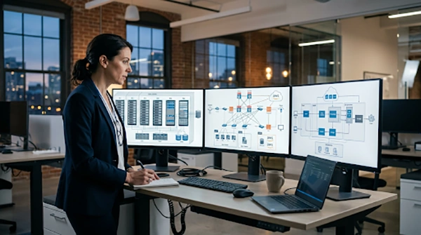 A professional IT consultant reviewing data infrastructure diagrams