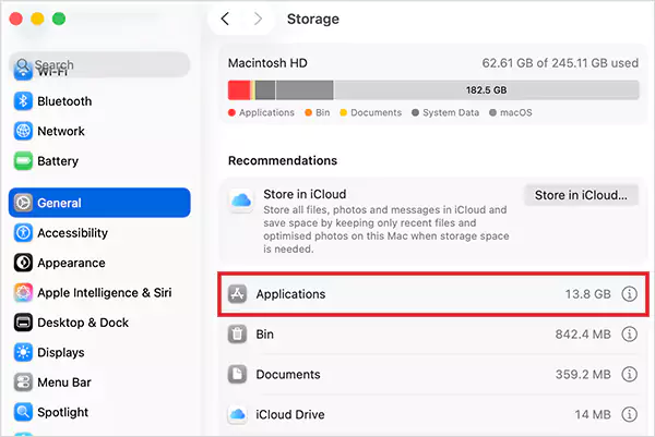 Click on the i button next to Applications