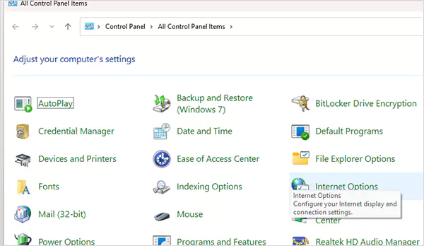 Control panel will appear