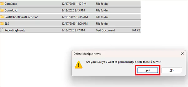 Delete everything inside the SoftwareDistribution folder