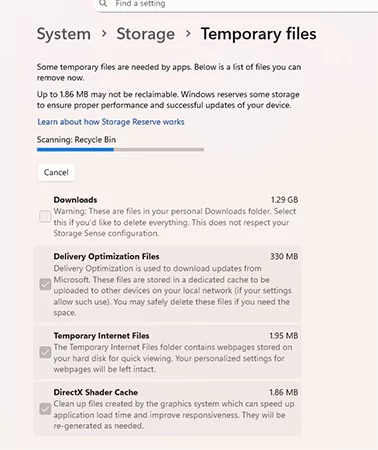 Delete temporary files to make space