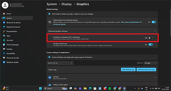 Hardware accelerated GPU Scheduling option in Windows11