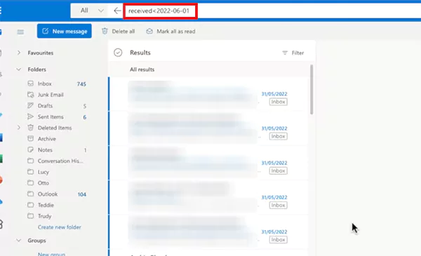 Search filter results on Outlook