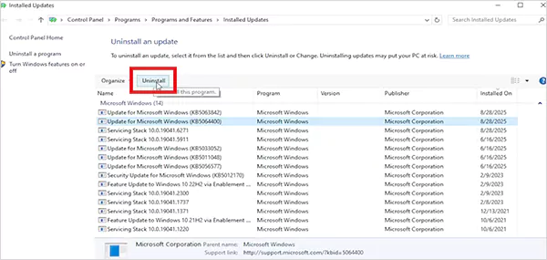 Select the update and click Uninstall