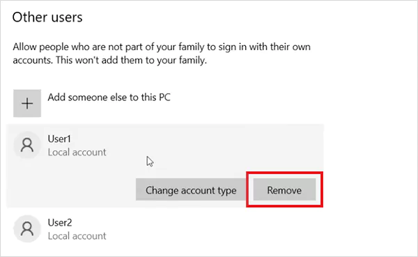 Select the user and click on Remove