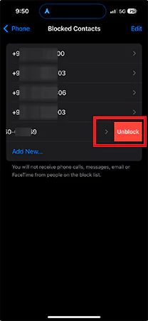 Swipe left and tap on Unblock