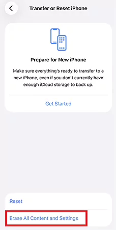 Tap on Erase All Content and Settings