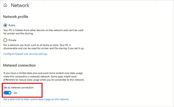 Turn on Metered connection