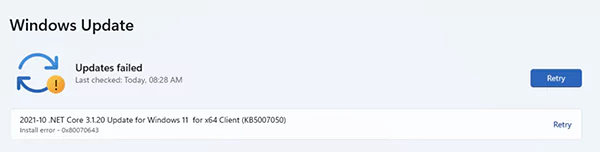 Windows update error code 0x80070643