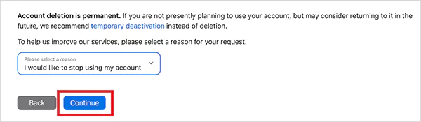 Choose a reason and continue