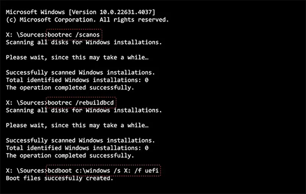 Rebuild boot files using BCDBoot