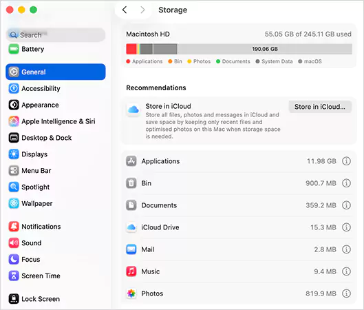 System Settings General Storage