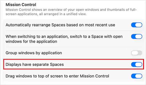 Turn on Display have separate Spaces