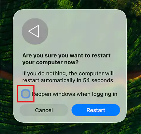 Uncheck Reopen Windows when logging in