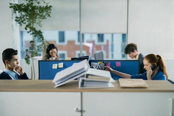 An office setting with employees working diligently at their cubicles.