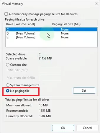 Choose No paging file