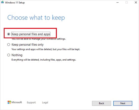 Select the Keep personal files and apps option