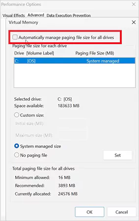 Uncheck the Automatically manage paging file size for all drives options