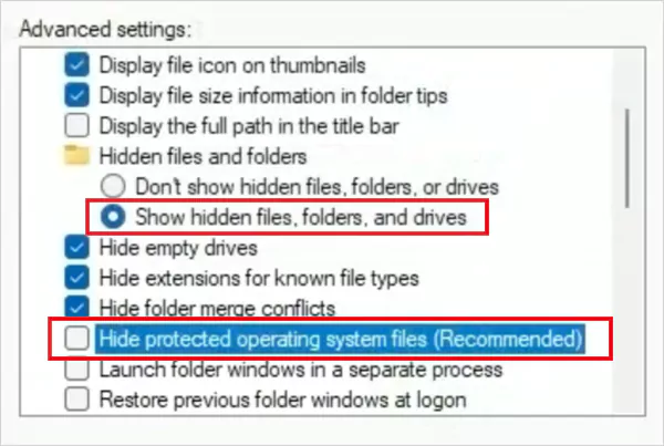 Unhide the page file in File Explorer