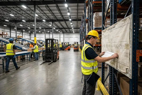Worker checks the chart in a bustling warehouse environment.