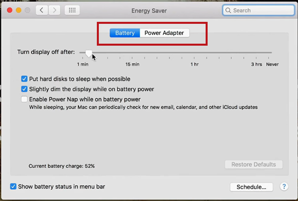 Battery and Power Adapter tabs