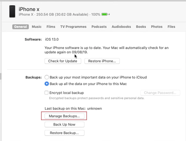 Click on Manage Backups