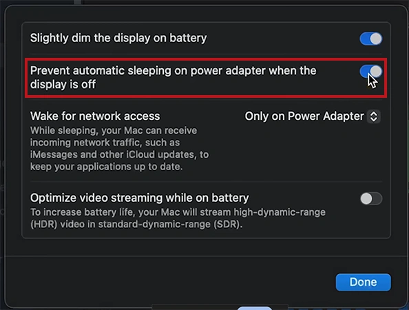 ON Prevent automatic sleeping on power adapter when the display is off