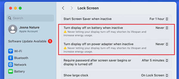 Set Turn display off to never